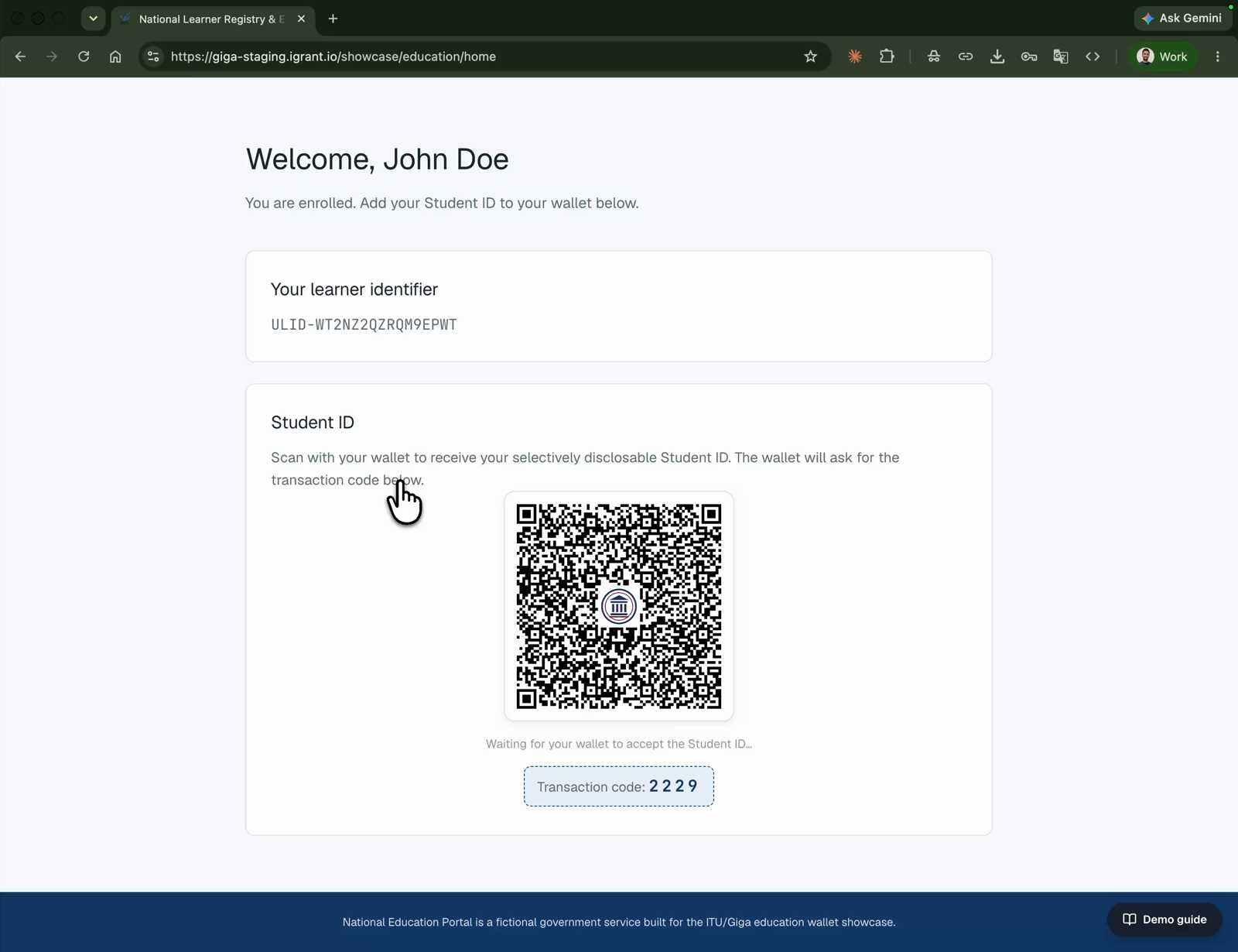 The learner's home page in the National Education Portal showing the generated learner identifier and a QR code offering the Student ID credential, with a transaction code printed beneath.